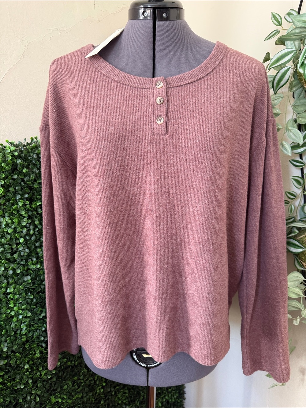 Z Supply Dusty Mauve Henley Button-Front Long Sleeve Top